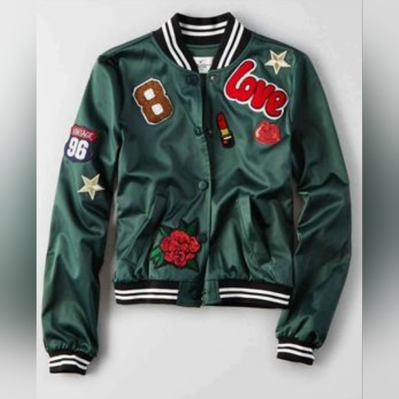 Vintage American Eagle Green Satin jacket with appliques - Picture 1 of 7